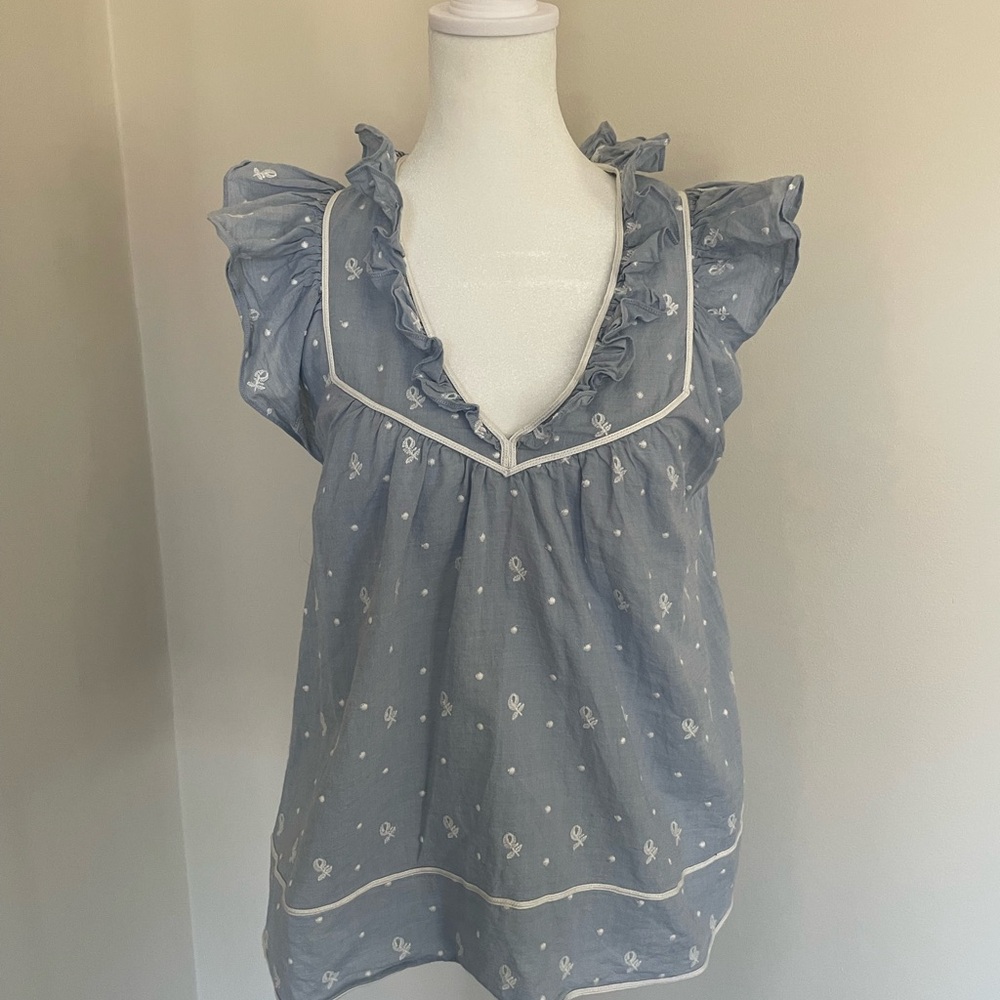 Ulla Johnson Ruffled Blue Blouse with White Trim